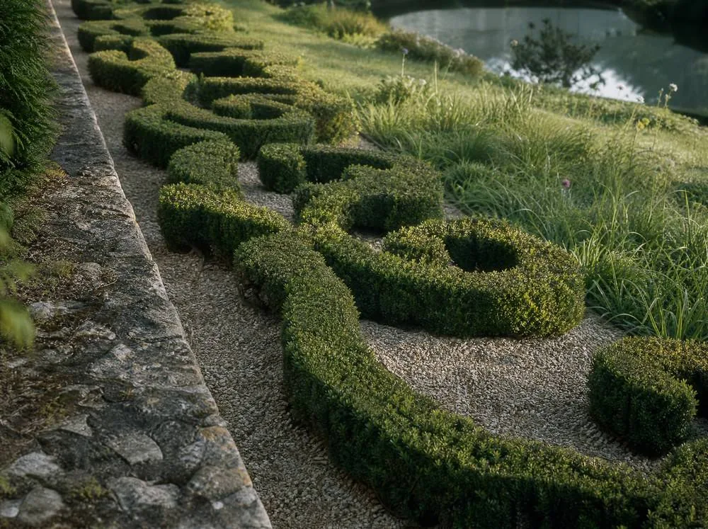 Clipped box scrollwork and raked gravel