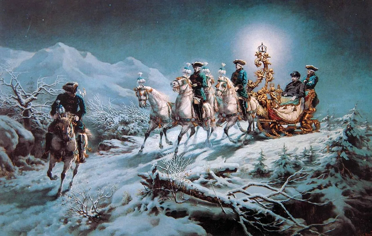 A painting of Ludwig II’s night sleigh ride, by R. Wenig, about 1880